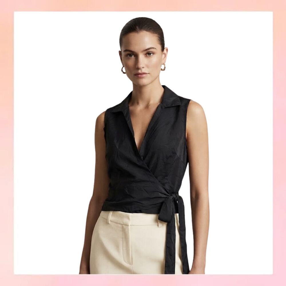 Allison Taylor 100% Silk Black Wrap Blouse Sleeveless Collared Top Size 8